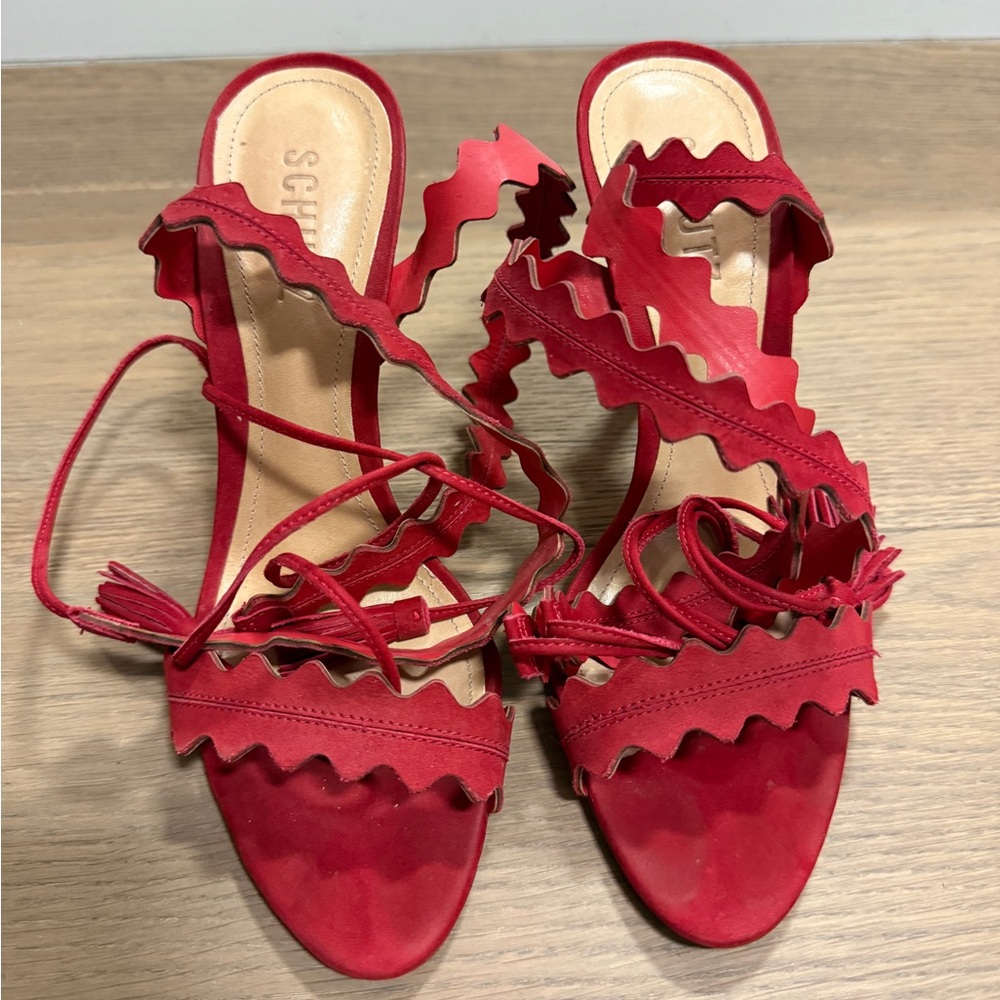 SCHUTZ Red Ruffle Strap Heels